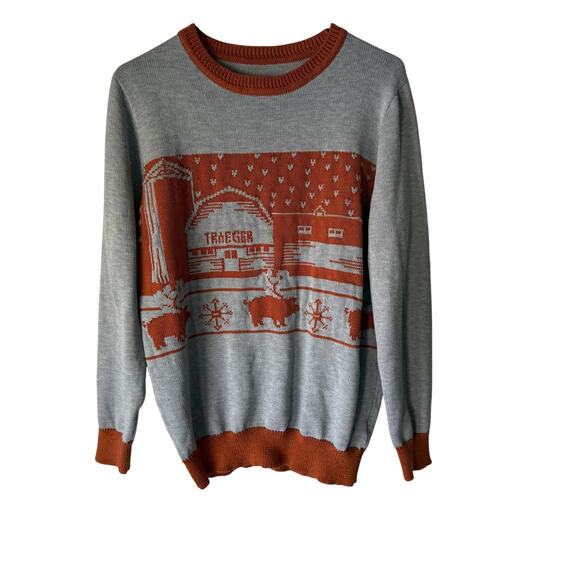 Traeger Sweater Mens Medium Gray Brown Barn Farm Pig Cow Knit Pullover BBQ Grill - Picture 1 of 5